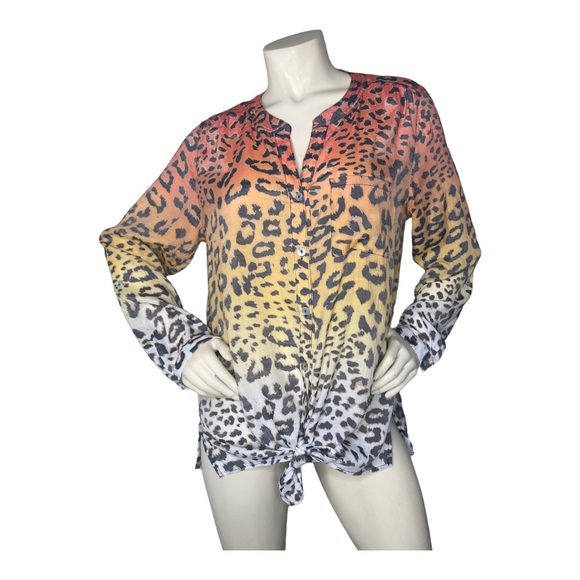 MULTIPLES Multicolor Ombre Leopard Animal Print Tie Front Linen Button Down Top - Picture 3 of 16